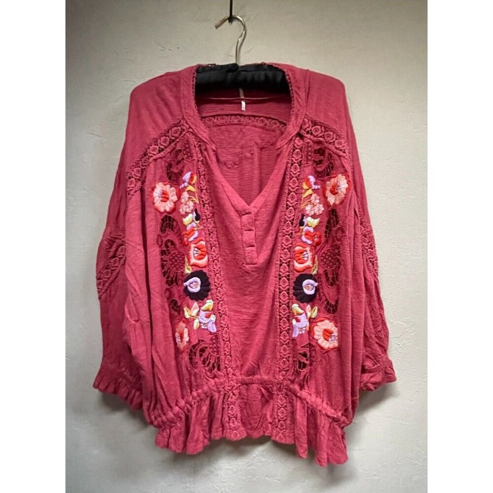 Free People Women Blouse Top Serafina Embroidered Dolma Sleeve Small Red Floral